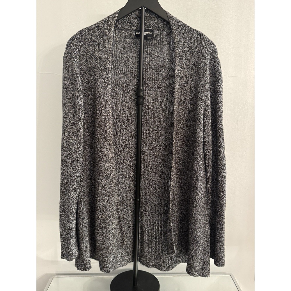 Karl Lagerfeld Paris‎ Open Front Knit Cardigan Sweater Sz L Black White Marled